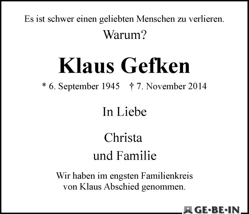 Traueranzeige von Klaus Gefken von WESER-KURIER