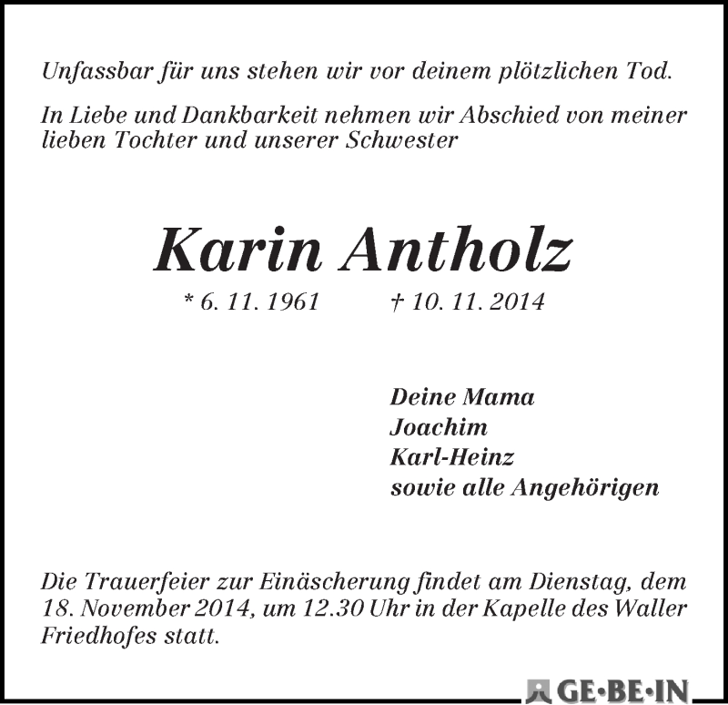 Traueranzeige von Karin Antholz von WESER-KURIER