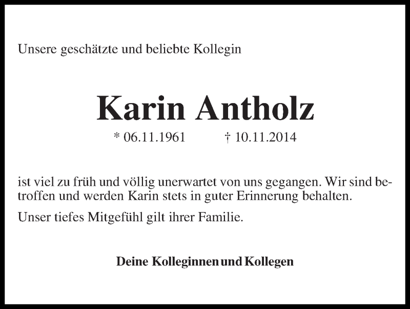 Traueranzeige von Karin Antholz von WESER-KURIER