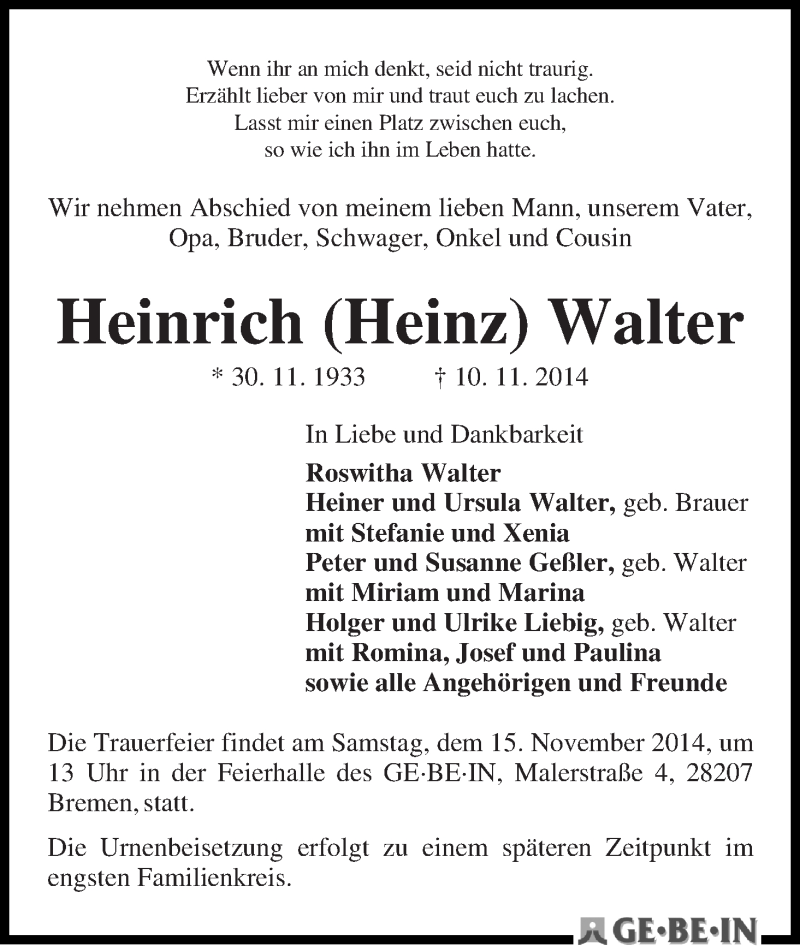 Traueranzeige von Heinrich (Heinz) Walter von WESER-KURIER