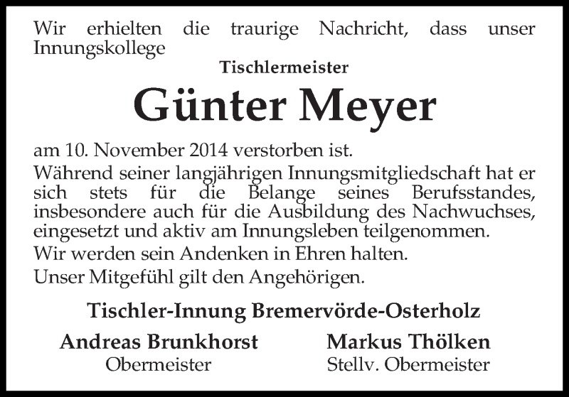 Traueranzeige von Günter Meyer von WESER-KURIER