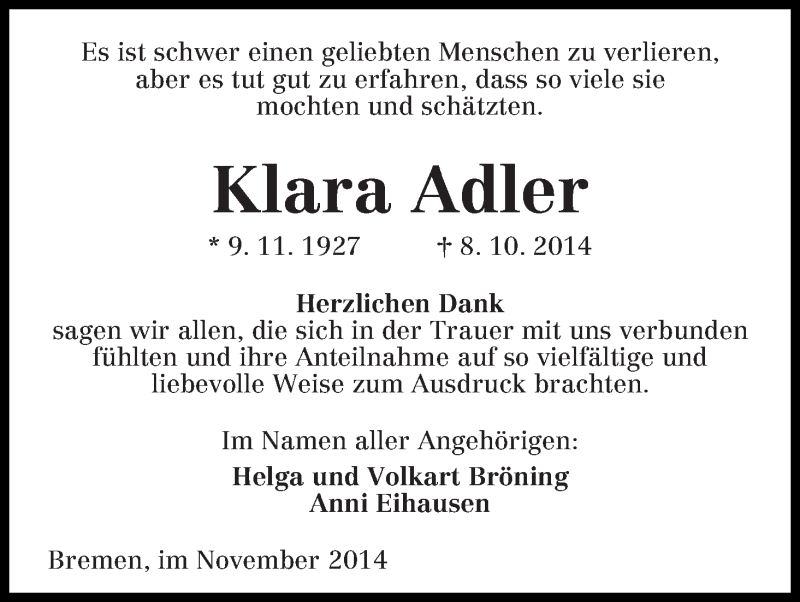 Traueranzeige von Klara Adler von WESER-KURIER