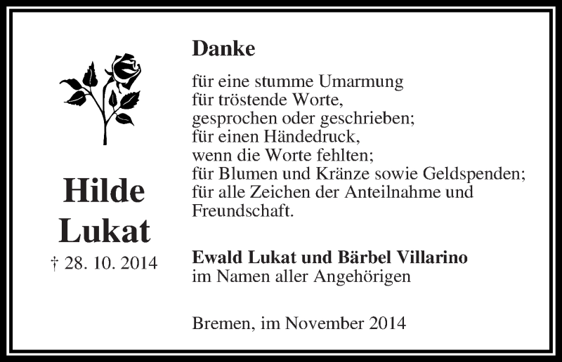  Traueranzeige für Hilde Lukat vom 15.11.2014 aus WESER-KURIER