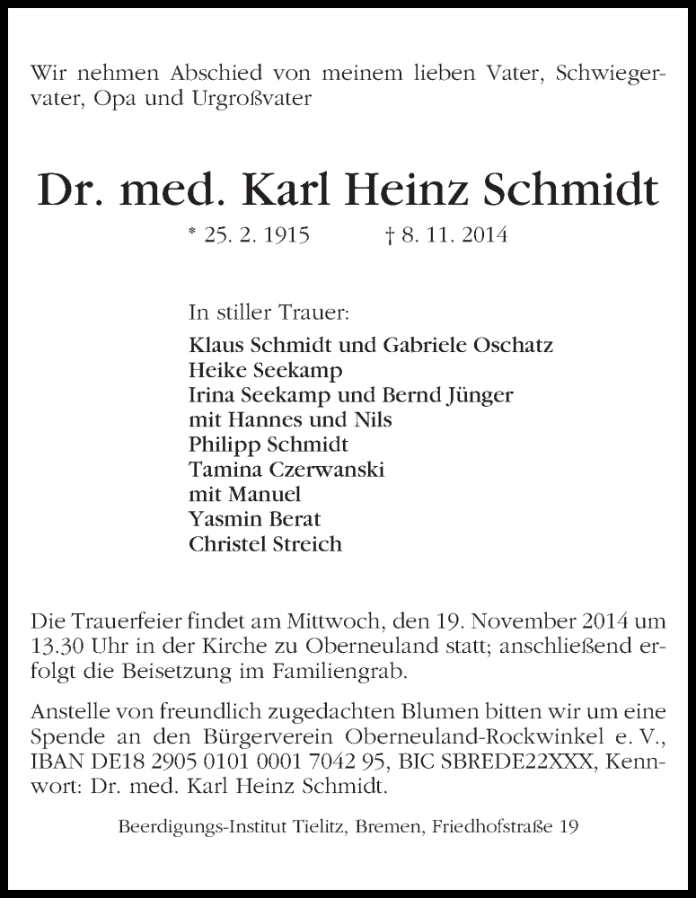 Traueranzeige von Karl Heinz Schmidt von WESER-KURIER
