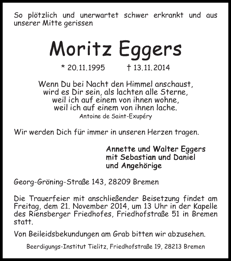  Traueranzeige für Moritz Eggers vom 15.11.2014 aus WESER-KURIER