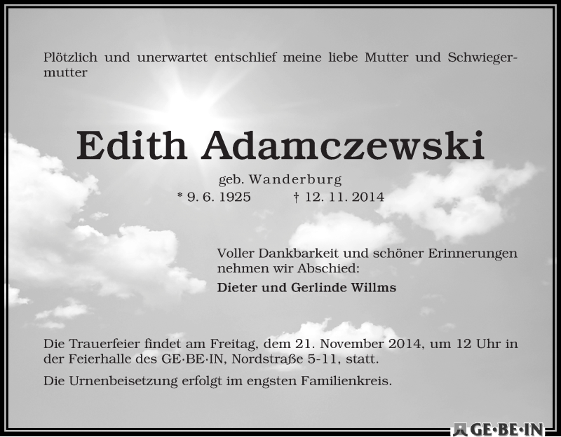 Traueranzeige von Edith Adamczewski von WESER-KURIER