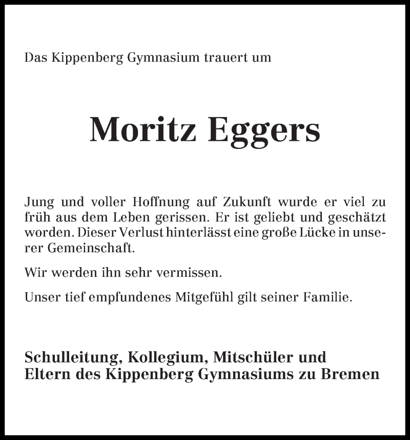  Traueranzeige für Moritz Eggers vom 15.11.2014 aus WESER-KURIER