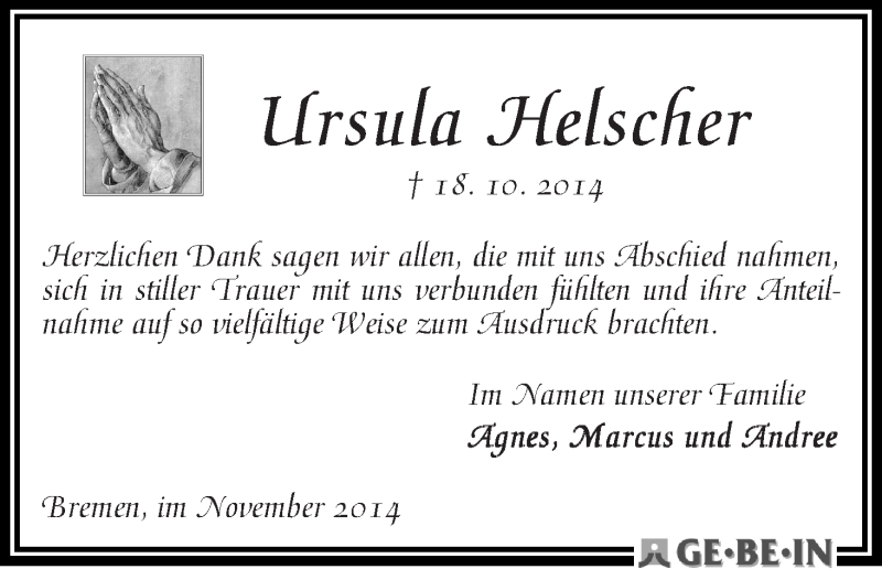 Traueranzeige von Ursula Helscher von WESER-KURIER