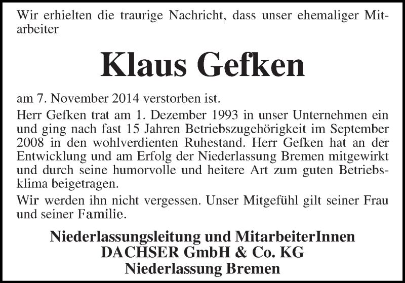 Traueranzeige von Klaus Gefken von WESER-KURIER
