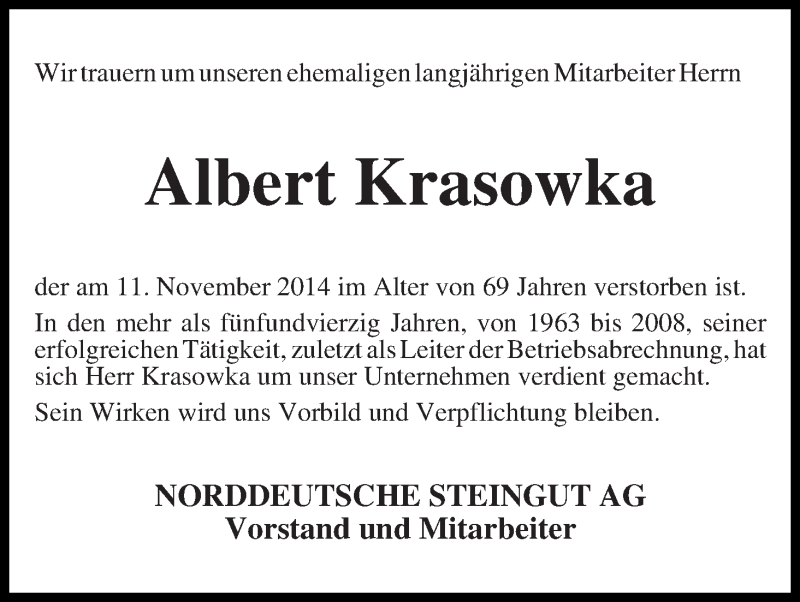 Traueranzeige von Albert Krasowka von Die Norddeutsche