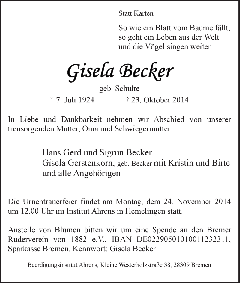 Traueranzeige von Gisela Becker von WESER-KURIER