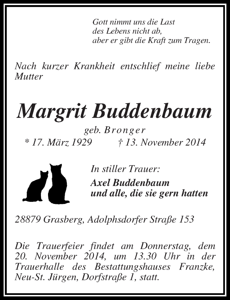 Traueranzeige von Margrit Buddenbaum von WESER-KURIER