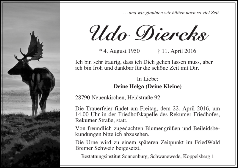 Traueranzeige von Udo Diercks von Die Norddeutsche