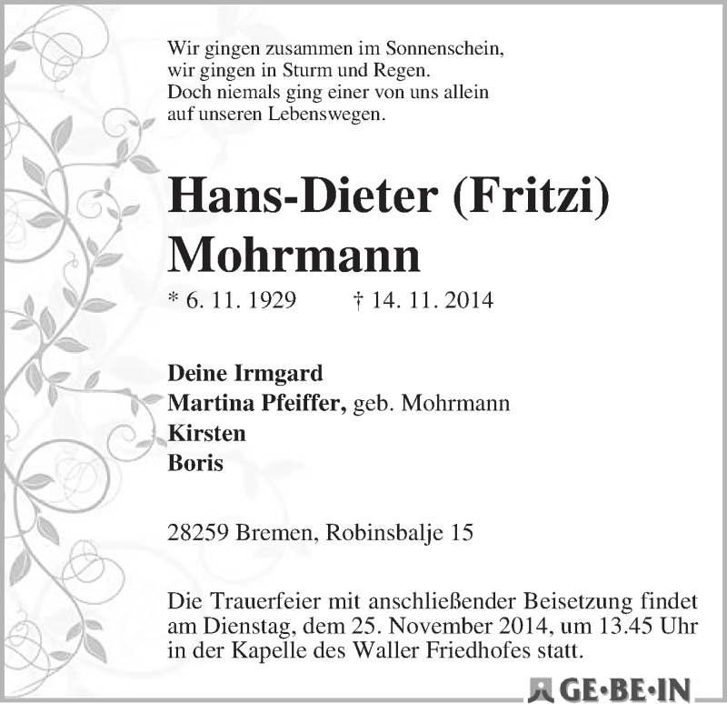 Traueranzeige von Hans-Dieter (Fritzi) Mohrmann von WESER-KURIER