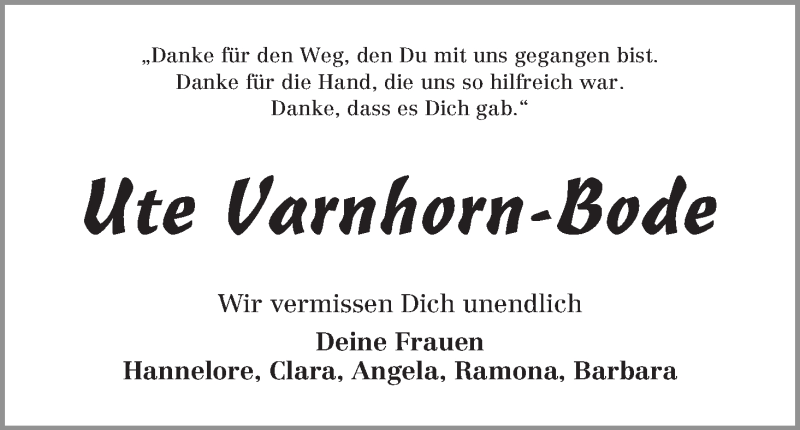 Traueranzeige von Ute Varnhorn-Bode von WESER-KURIER
