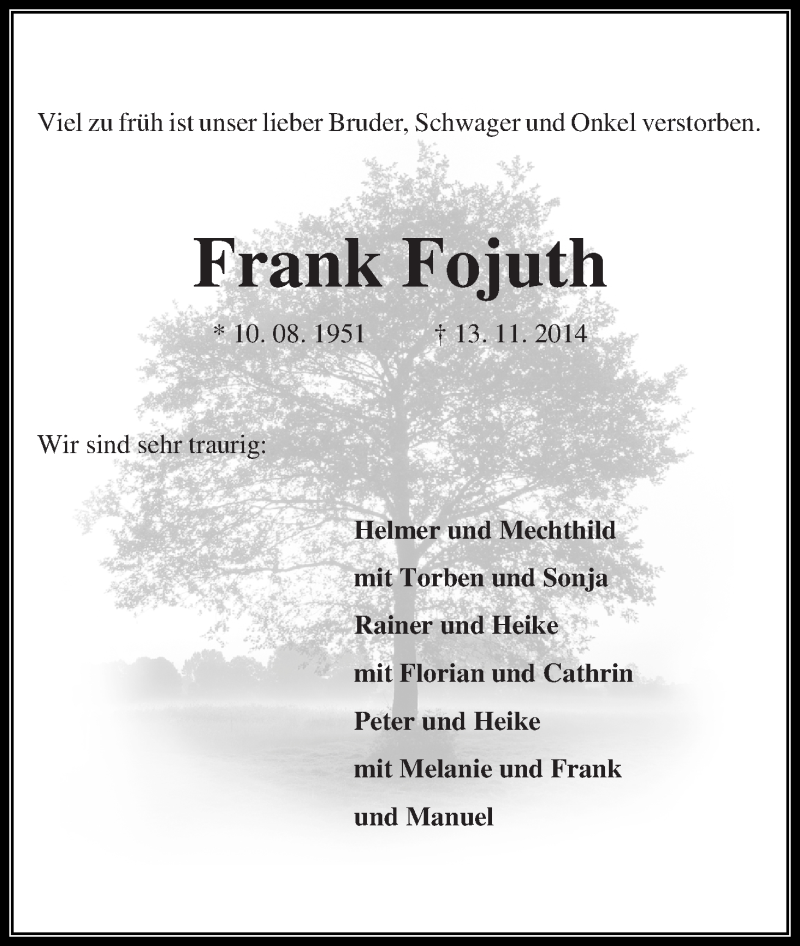 Traueranzeige von Frank Fojuth von Die Norddeutsche