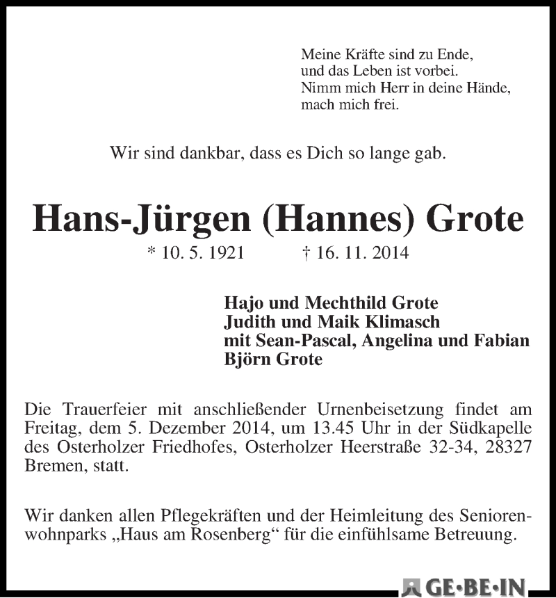 Traueranzeige von Hans-Jürgen (Hannes) Grote von WESER-KURIER