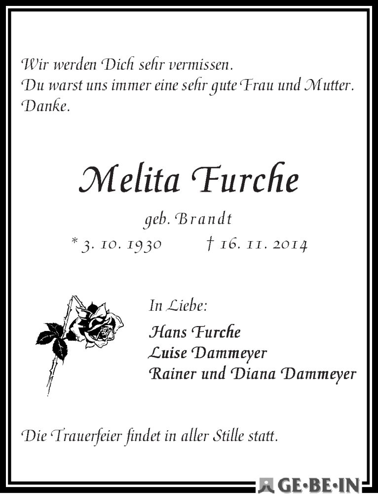 Traueranzeige von Melita Furche von WESER-KURIER