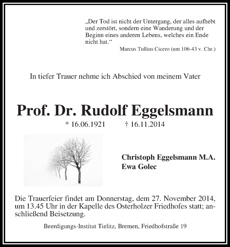 Traueranzeige von Rudolf Eggelsmann von WESER-KURIER