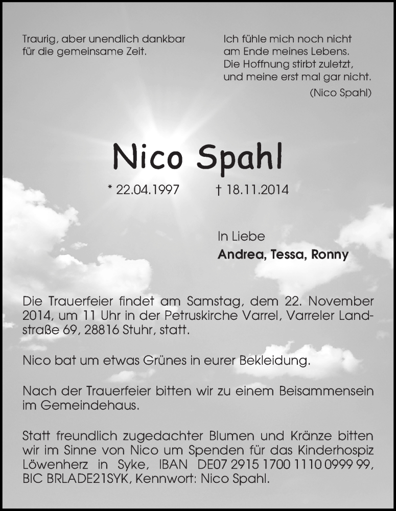  Traueranzeige für Nico Spahl vom 20.11.2014 aus WESER-KURIER