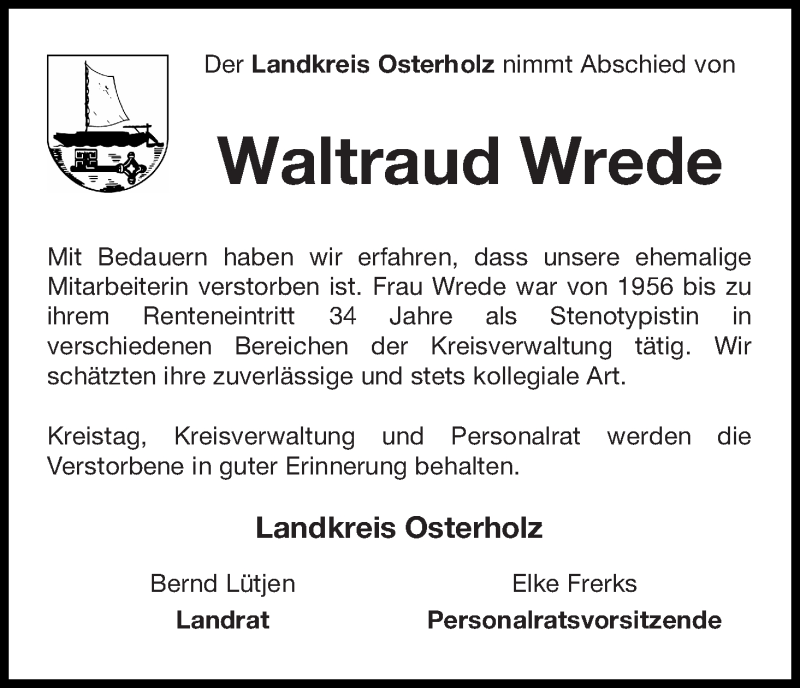 Traueranzeige von Waltraud Wrede von Osterholzer Kreisblatt