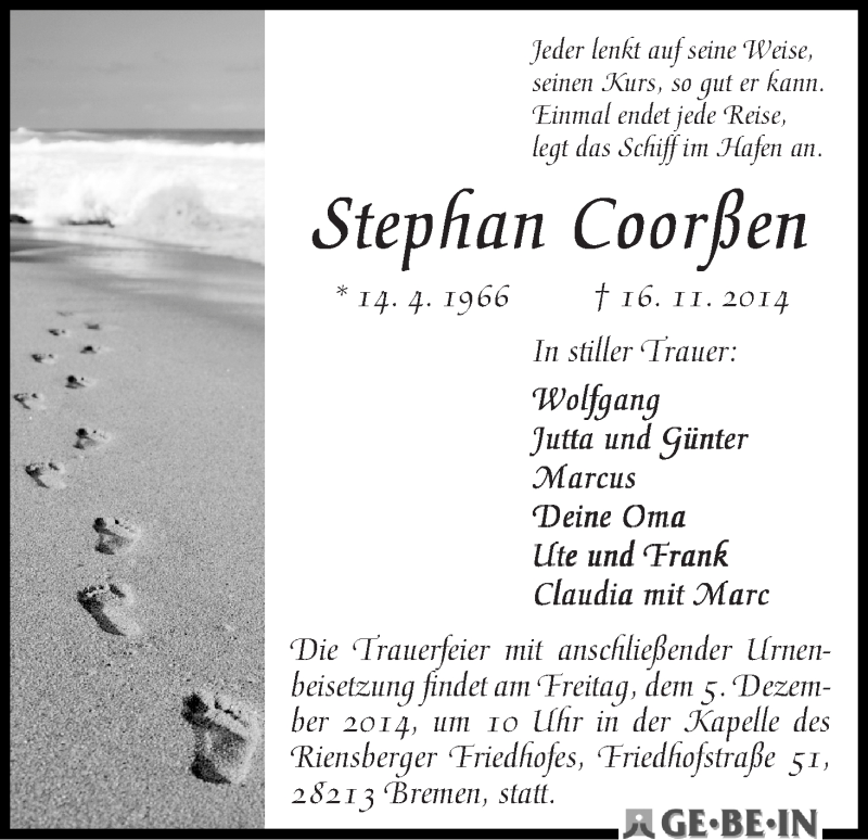 Traueranzeige von Stephan Coorßen von WESER-KURIER