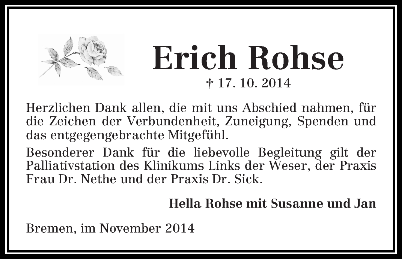 Traueranzeige von Erich Rohse von WESER-KURIER
