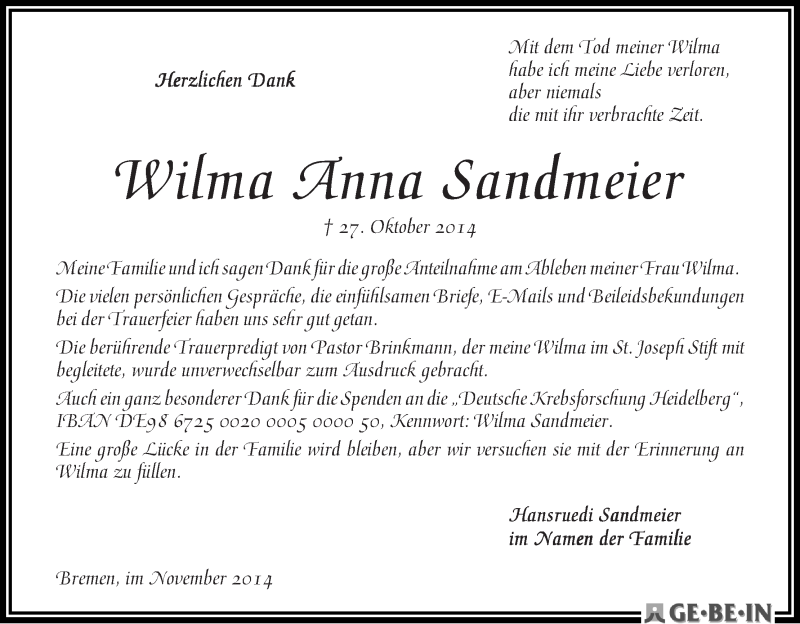 Traueranzeige von Wilma Anna Sandmeier von WESER-KURIER