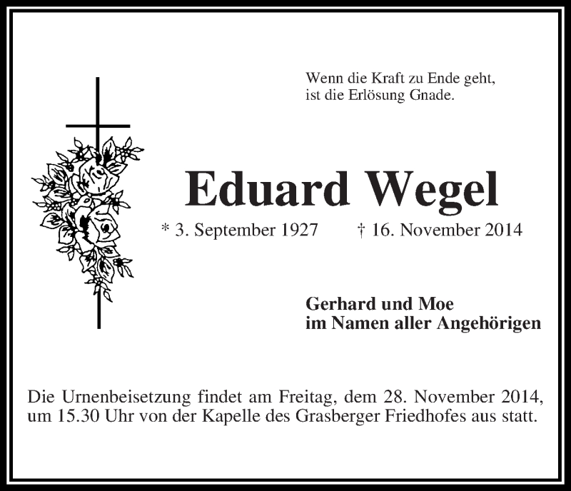 Traueranzeige von Eduard Wegel von Wuemme Zeitung