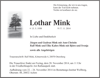 Traueranzeige von Lothar Mink