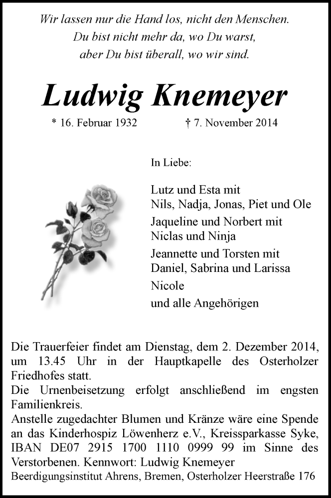 Traueranzeige von Ludwig Knemeyer von WESER-KURIER