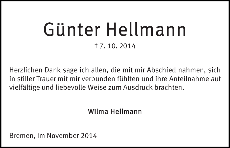 Traueranzeige von Günter Hellmann von WESER-KURIER
