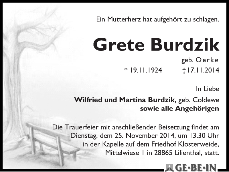 Traueranzeige von Grete Burdzik von WESER-KURIER