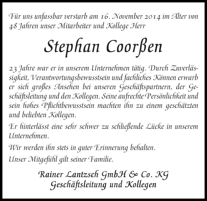 Traueranzeige von Stephan Coorßen von WESER-KURIER