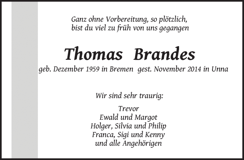  Traueranzeige für Thomas Brandes vom 22.11.2014 aus WESER-KURIER