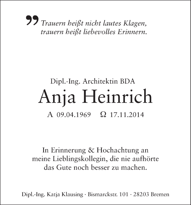 Traueranzeige von Anja Heinrich von WESER-KURIER