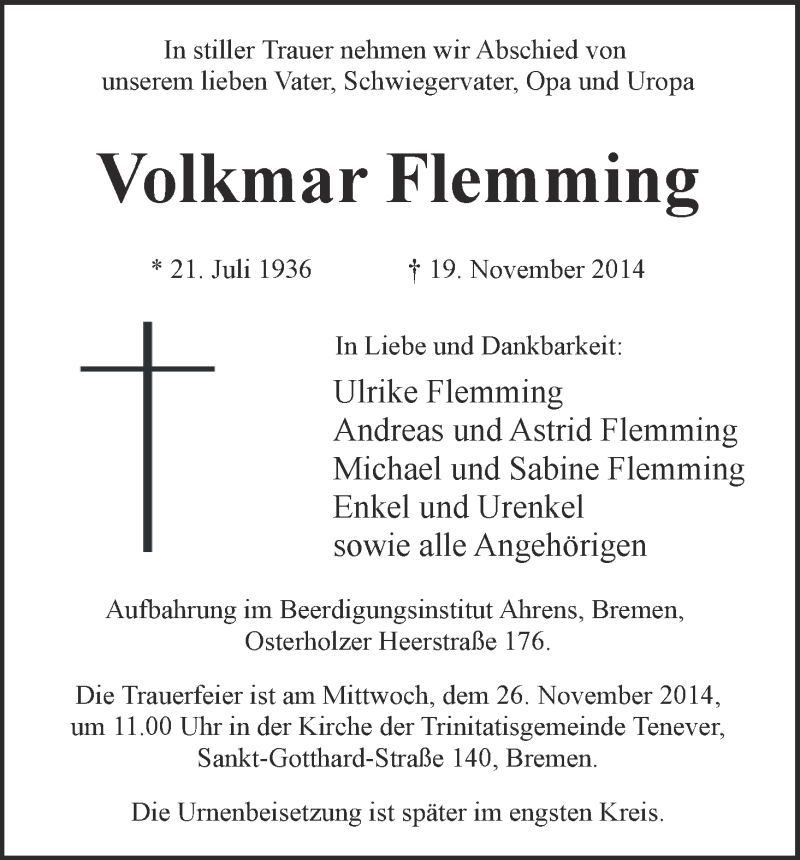 Traueranzeige von Volkmar Flemming von WESER-KURIER