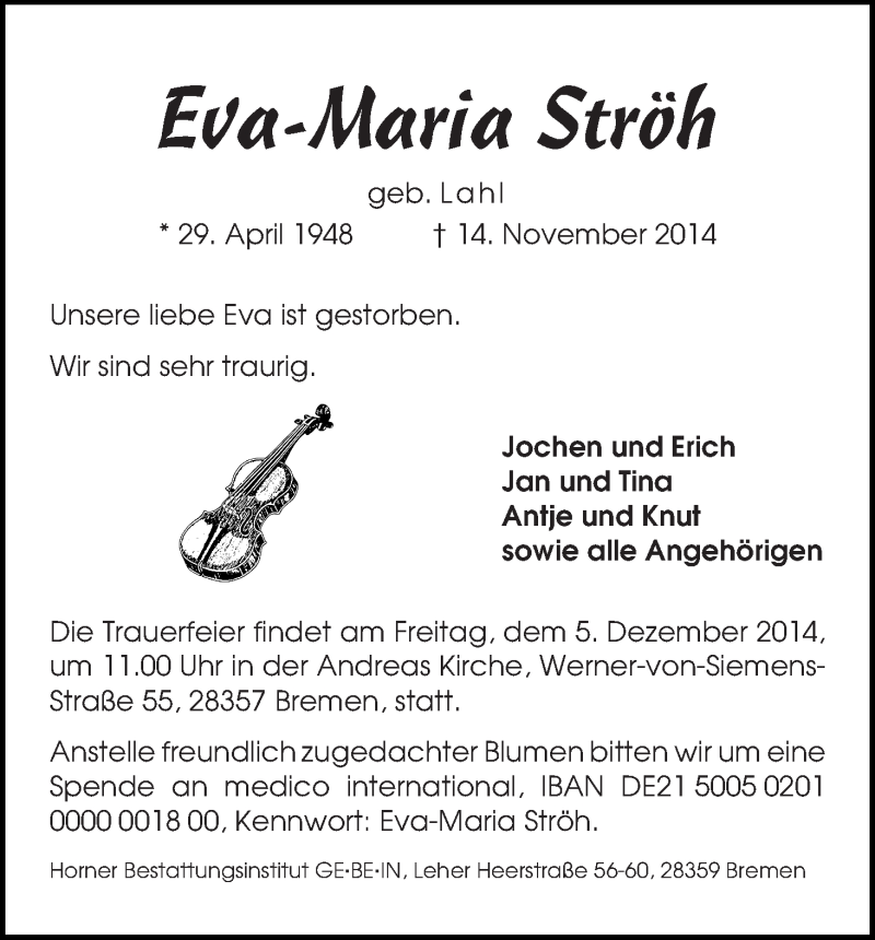 Traueranzeige von Eva-Maria Ströh von WESER-KURIER