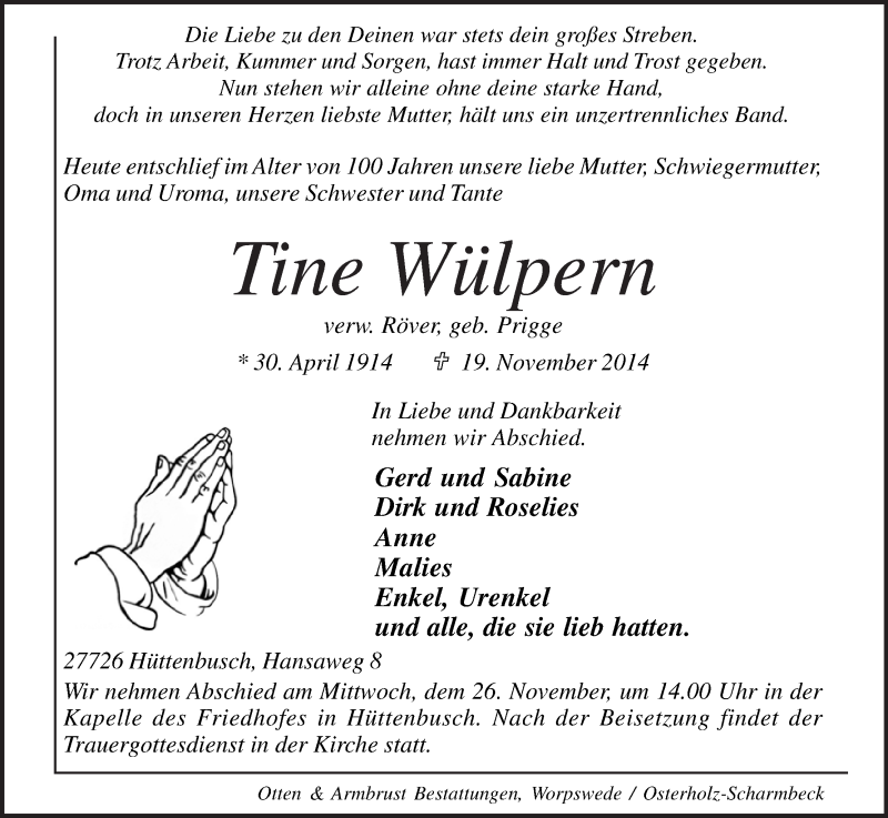 Traueranzeige für Tine Wülpern vom 22.11.2014 aus Wuemme Zeitung