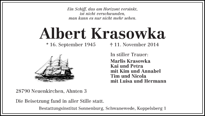 Traueranzeige von Albert Krasowka von Die Norddeutsche