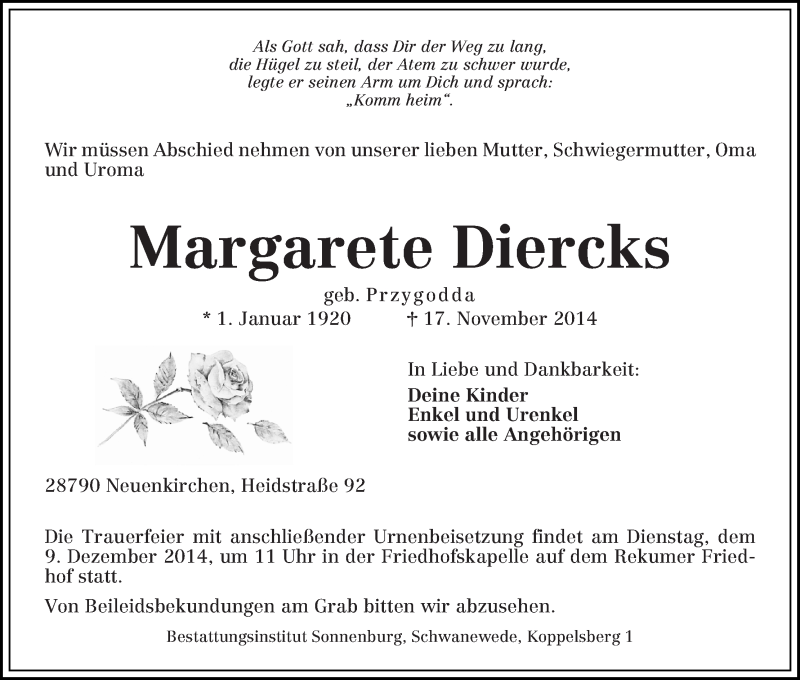 Traueranzeige von Margarete Diercks von Die Norddeutsche