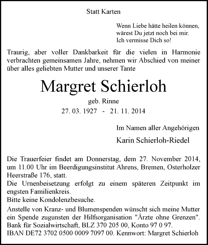 Traueranzeige von Margret Schierloh von WESER-KURIER