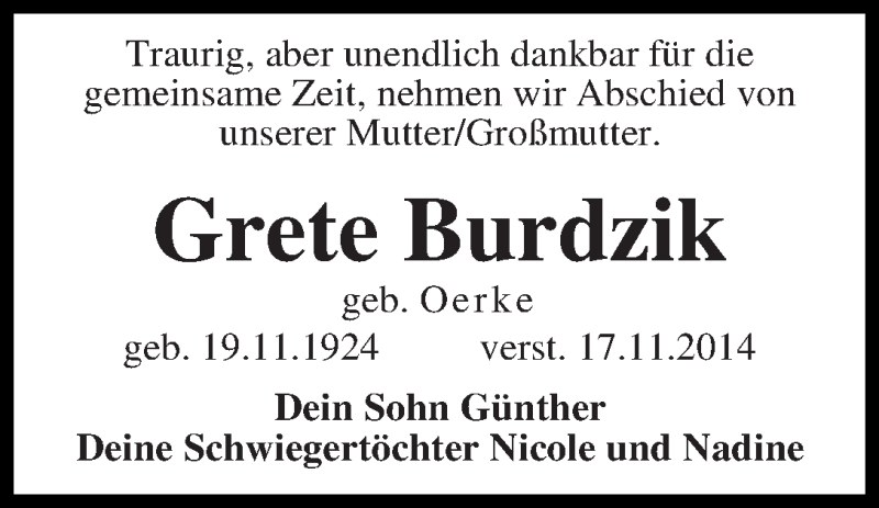 Traueranzeige von Grete Burdzik von WESER-KURIER