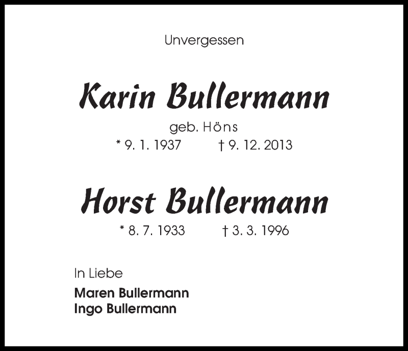 Traueranzeige von Karin und Horst Bullermann von WESER-KURIER