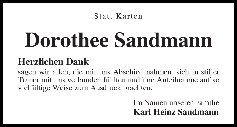 Traueranzeige von Dorothee Sandmann von WESER-KURIER