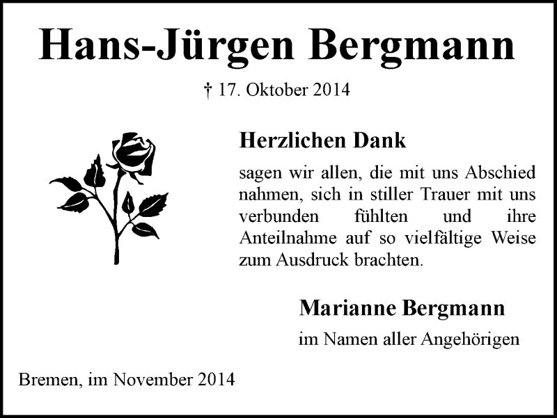 Traueranzeige von Hans-Jürgen Bergmann von WESER-KURIER