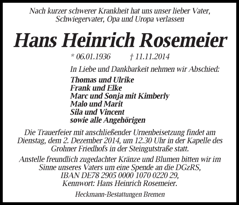 Traueranzeige von Hans Heinrich Rosemeier von WESER-KURIER