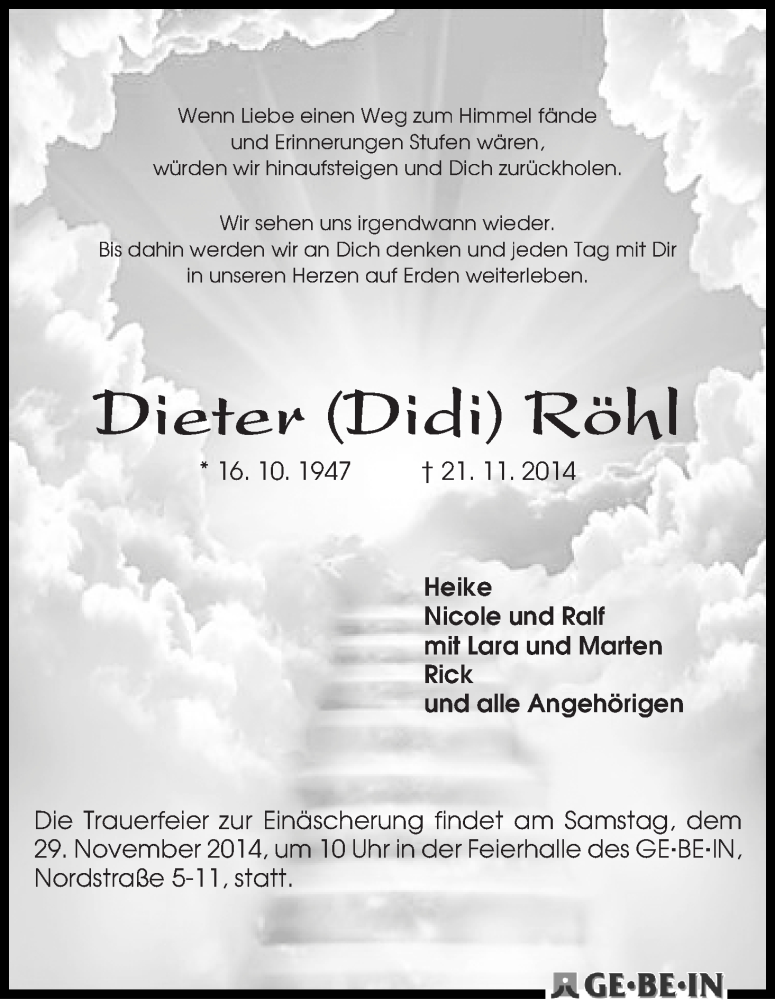 Traueranzeige von Dieter Röhl von WESER-KURIER