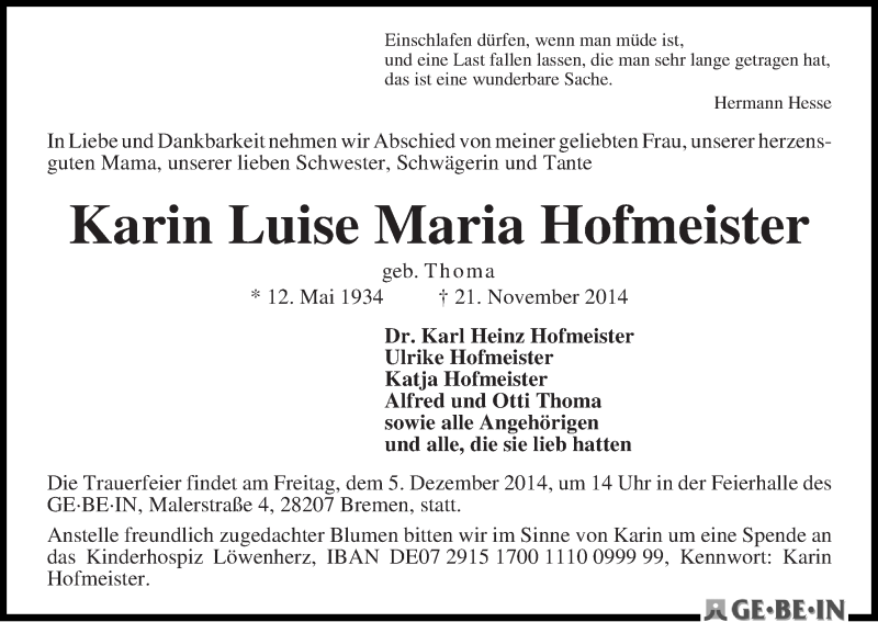 Traueranzeige von Karin Luise Maria Hofmeister von WESER-KURIER