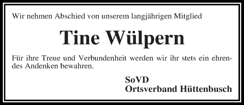  Traueranzeige für Tine Wülpern vom 26.11.2014 aus Wuemme Zeitung